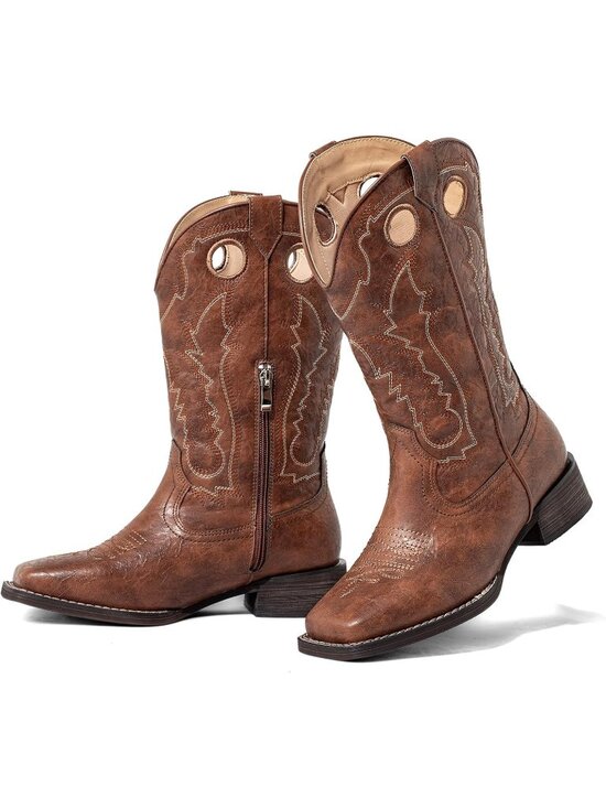 Shoes - Women's Brown Faux Leather Wide Calf Western Embroidered Cowgirl Heeled Boots